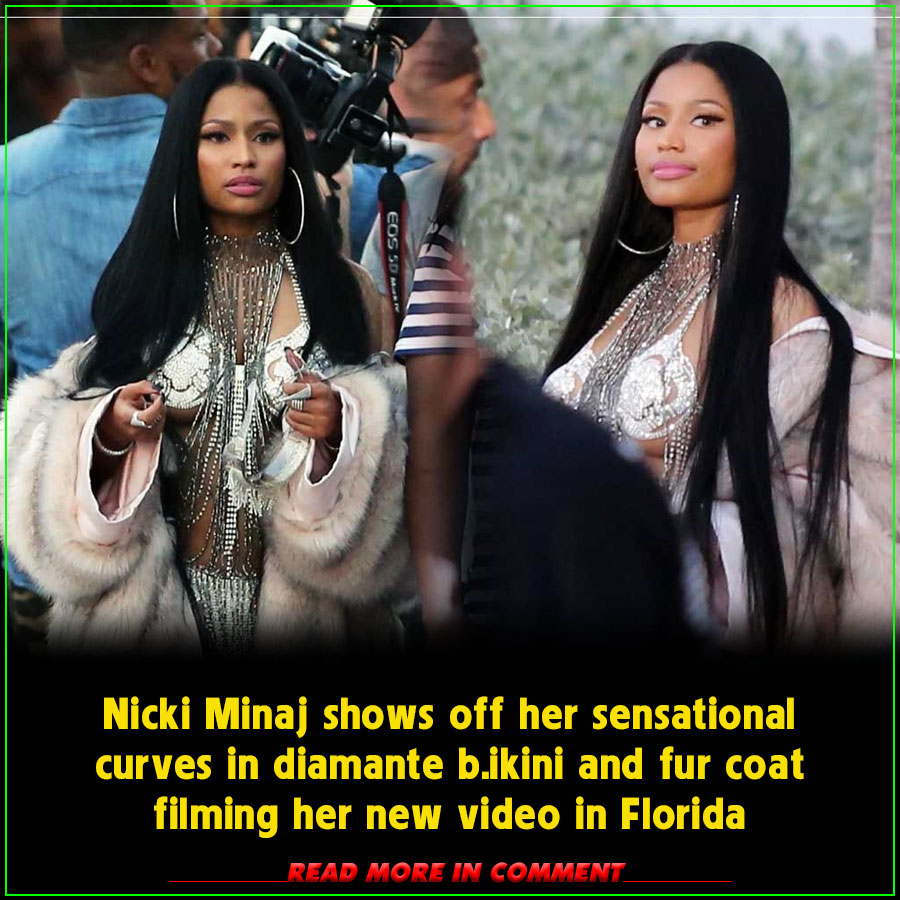 Nicki Minaj Shows Off Her Sensational Curves In Diamante Bikini And Fur Coat Filming Her New 