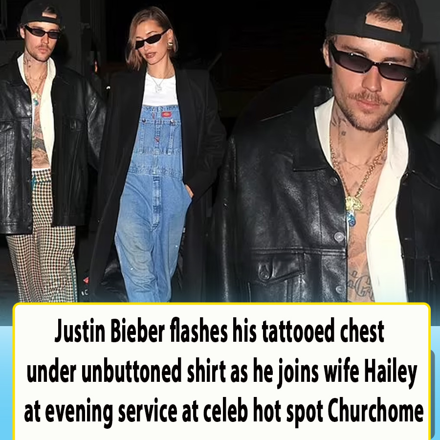 Justin Bieber flashes his tattooed chest under unbuttoned shirt as he