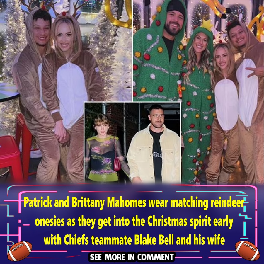 Patrick and Brittany Mahomes wear matching reindeer onesies as they get