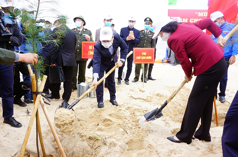 Nguyên Phó Chủ tịch nước Đặng Thị Ngọc Thịnh và Bí thư Tỉnh ủy quảng Bình Vũ Đại Thắng trồng cây tại rừng phòng hộ ven biển Quang Phú xuân Nhâm Dần - 2021.