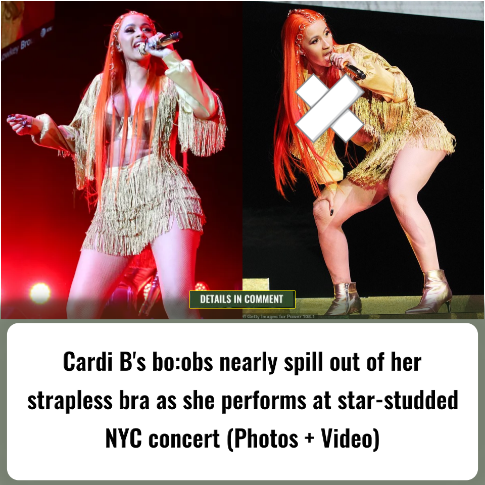 Cardi B's boobs nearly spill out of her strapless bra as she performs