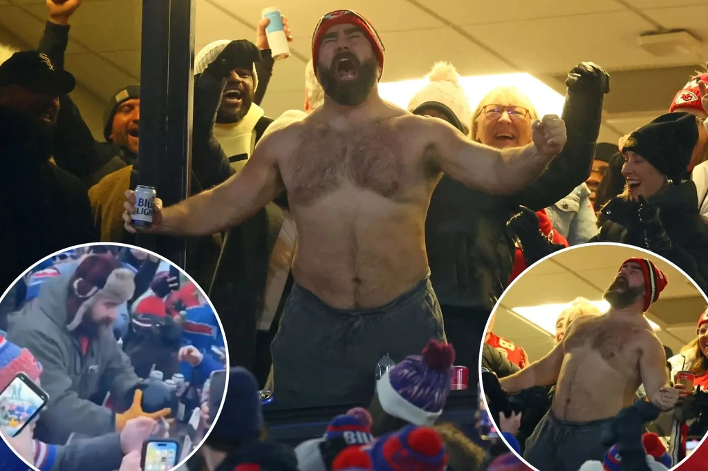 Chiefs Shirtless Jason Kelce jumps out of suite, drinks beer with fans(01)